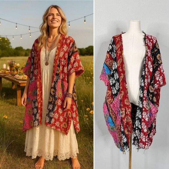Jaded Gypsy Kantha Kimono OS  Frayed Edges Boho Festival Cottage Artsy Rustic - Picture 1 of 16